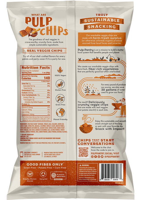 Spicy Barbecue - Pulp Pantry Corn Free, Grain Free, Gluten Free, Vegan Veggie Chips Healthy Upcycled Snack Foods Healthy Tortilla Chips